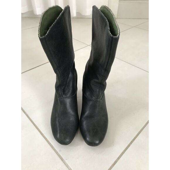All Black Leather Pull On Calf Boots Green FLAWS - Picture 5 of 10
